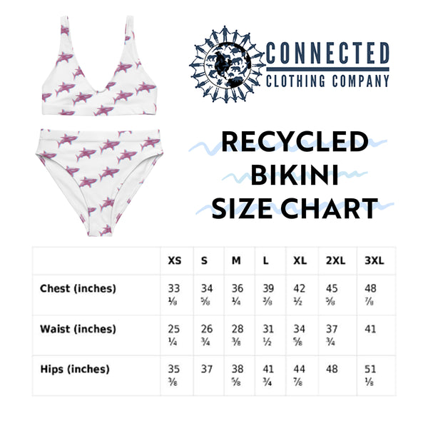 3D Shark Recycled Bikini Size Chart - 2 piece high waisted bottom bikini - marktwainstoryteller - Ethically and Sustainably Made Apparel - 10% of profits donated to ocean conservation