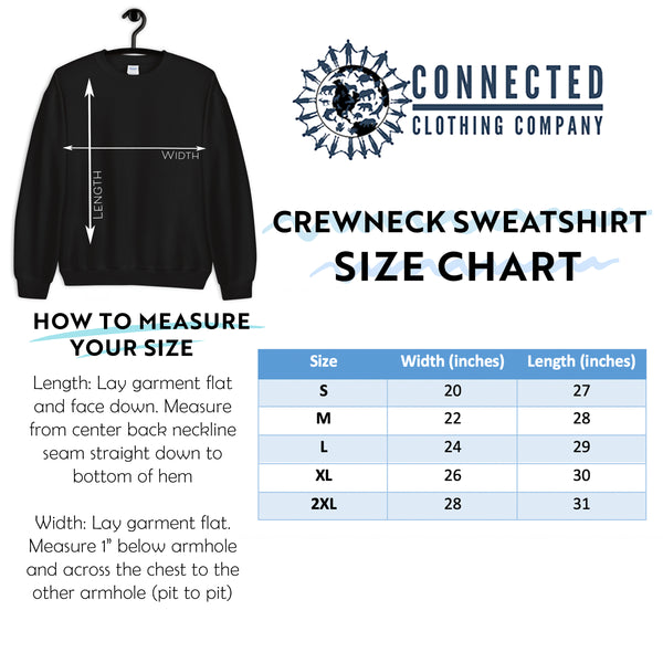 Unisex Crewneck Sweatshirt Size Chart - marktwainstoryteller - Ethically and Sustainably Made - 10% donated to Oceana shark conservation