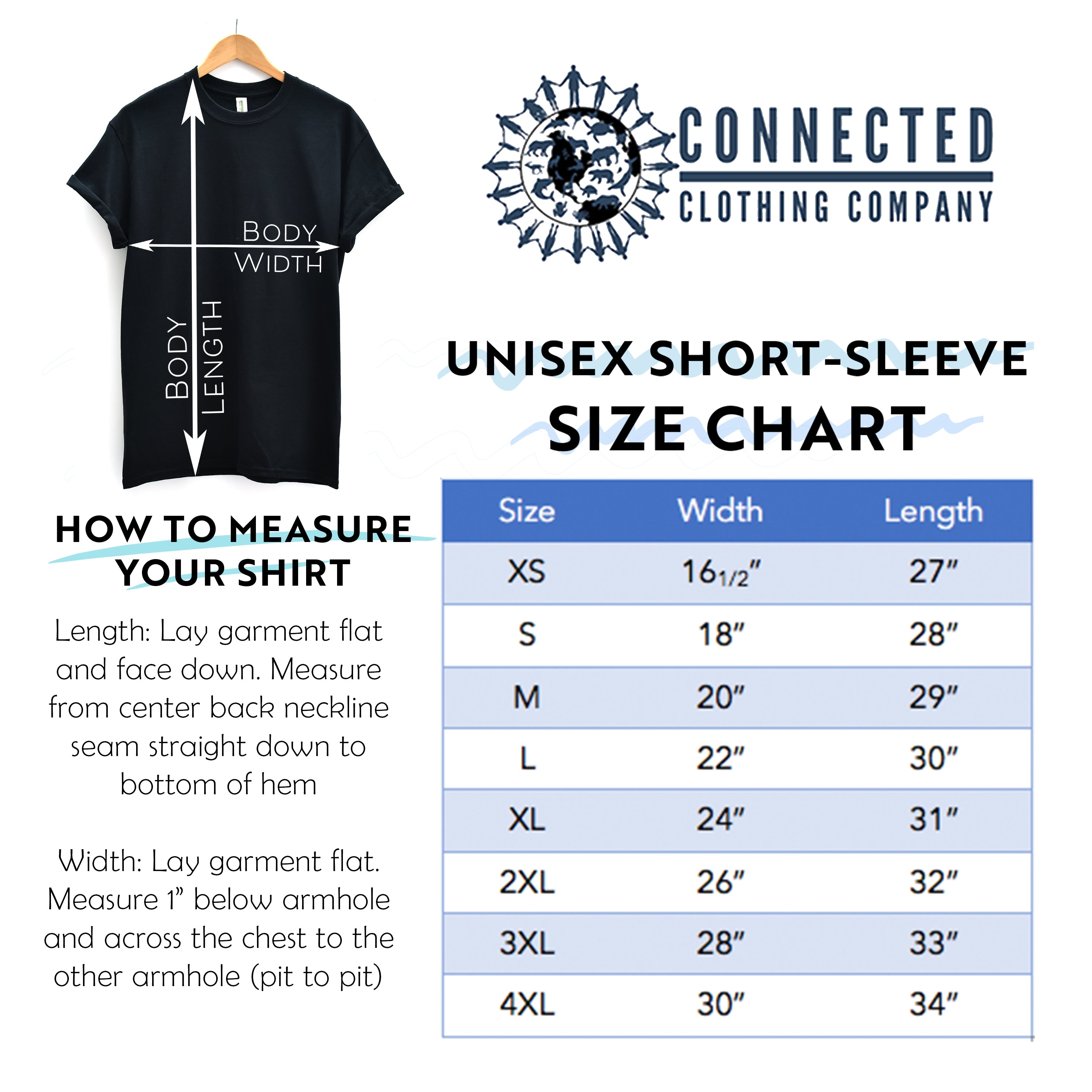 Unisex Short-Sleeve Tee Size Chart - marktwainstoryteller - Ethically and Sustainably Made - 10% donated to Mission Blue ocean conservation