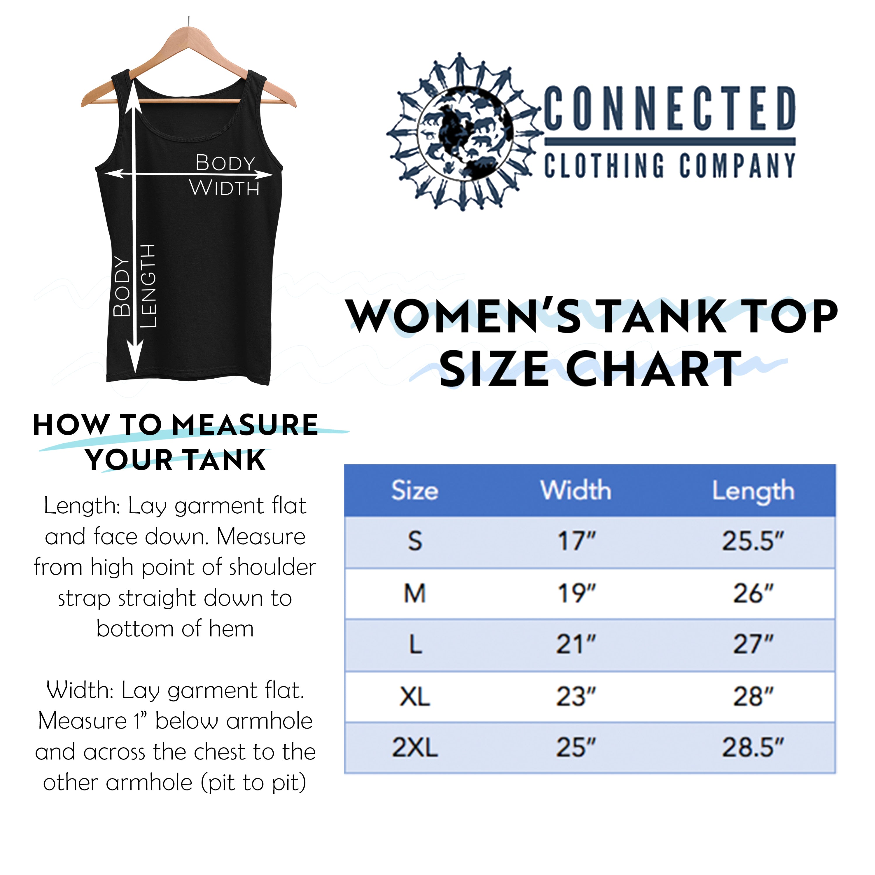 Women's Relaxed Tank Top Size Chart - marktwainstoryteller - Ethically and Sustainably Made - 10% donated to Mission Blue ocean conservation